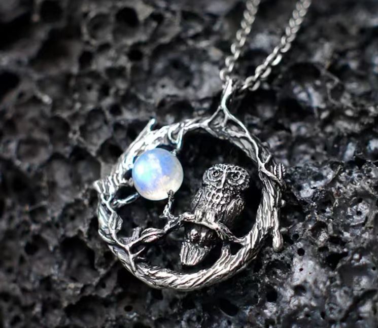Owl w/ Moonstone Full Moon 925 Pendant Necklace