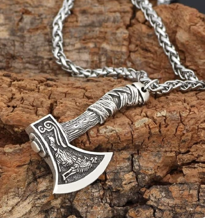 Nordic Viking Stainless Steel Wolf & Raven AXE Necklace