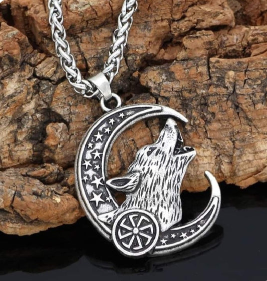 Nordic Viking Stainless Steel Crescent Wolf & Star Necklace