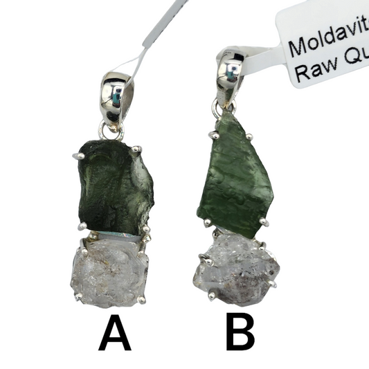 Sterling Silver Raw Moldavite & Clear Quartz Pendants