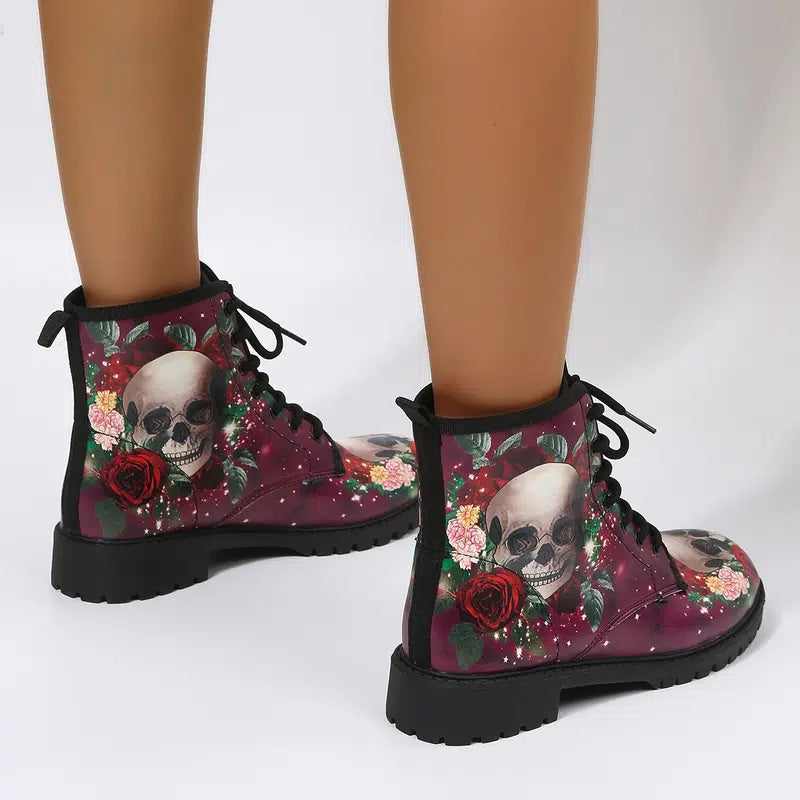 Women's Skull & Roses Print Lace-up Ankle Boots