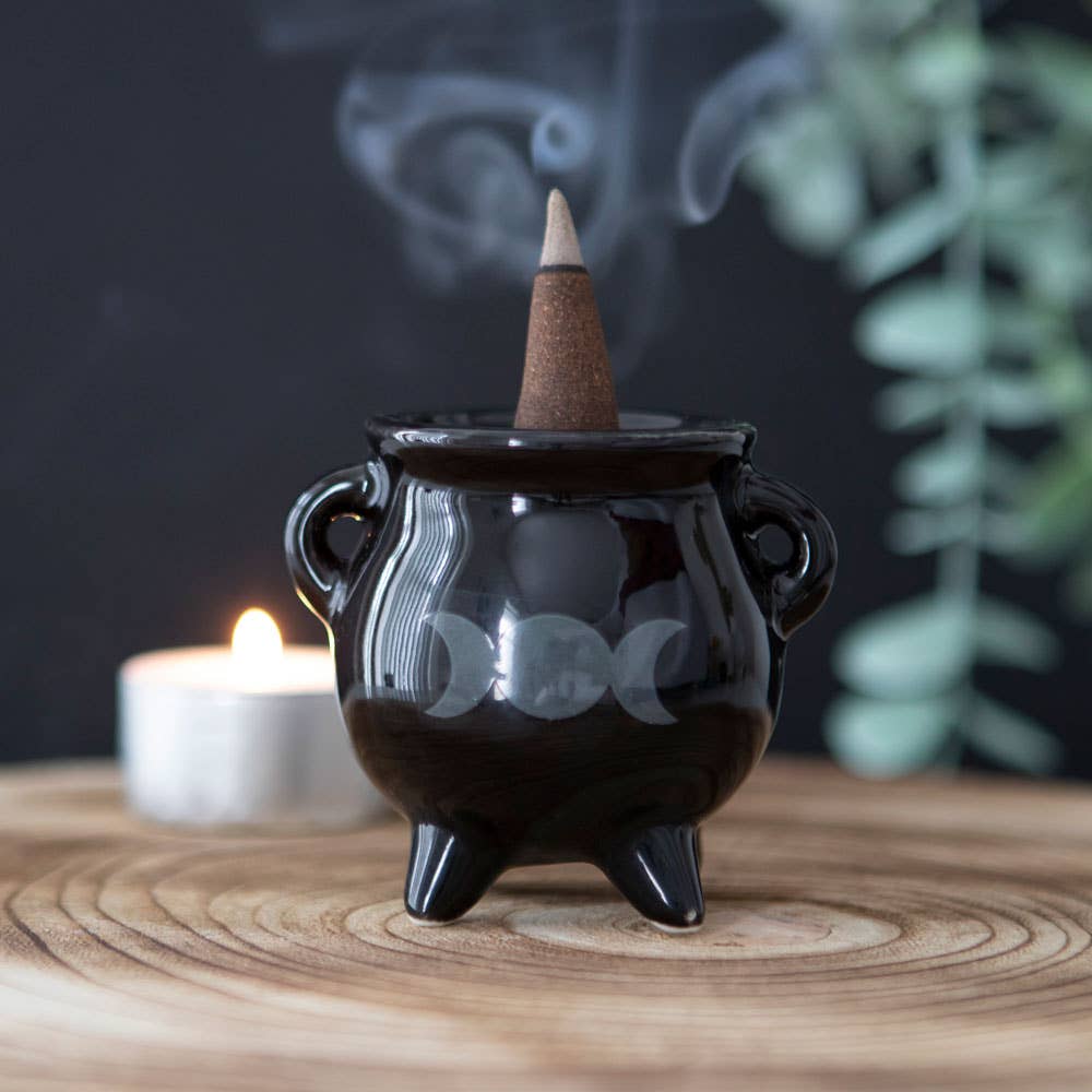 Gothic Triple Moon Cauldron Ceramic Incense Holder