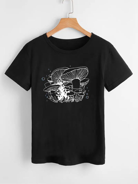 Mushroom & Cat Black Woman's T-shirt