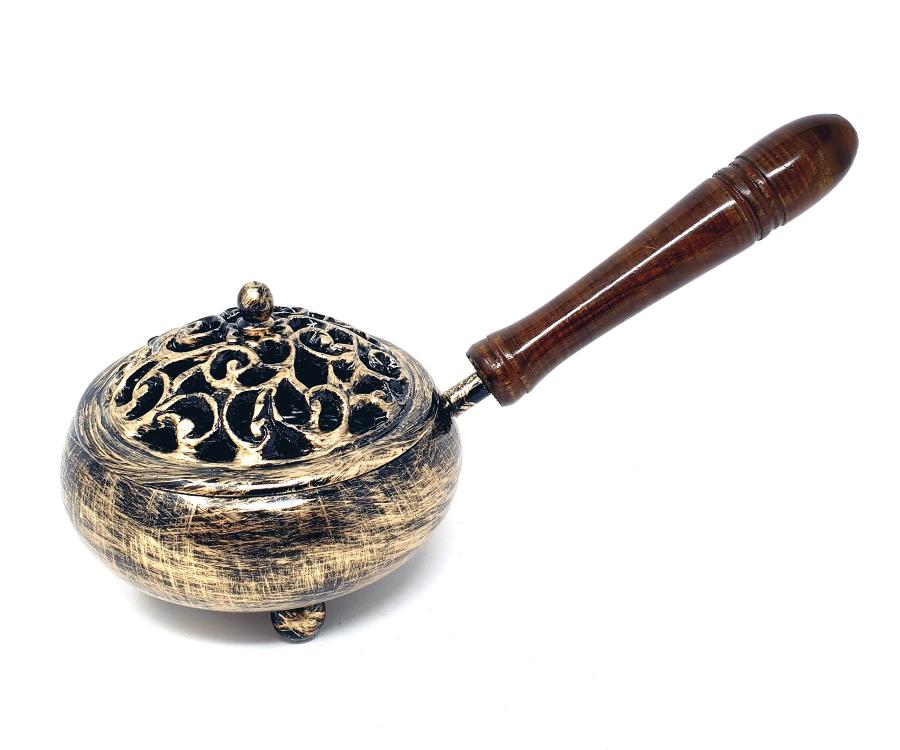 Golden Finish Iron Charcoal Burner with Lid & wood Handle