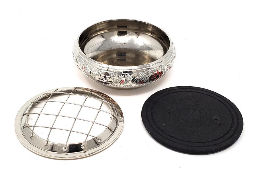 Silver finish colorful engraved Brass Screen Charcoal Burner w/Coaster