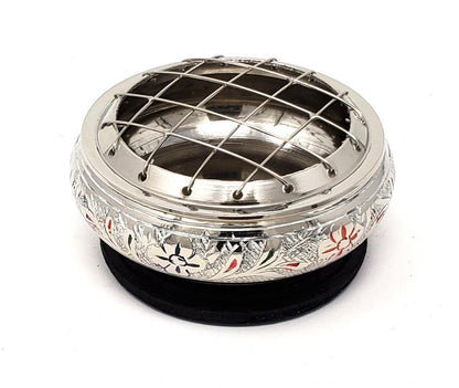 Silver finish colorful engraved Brass Screen Charcoal Burner w/Coaster