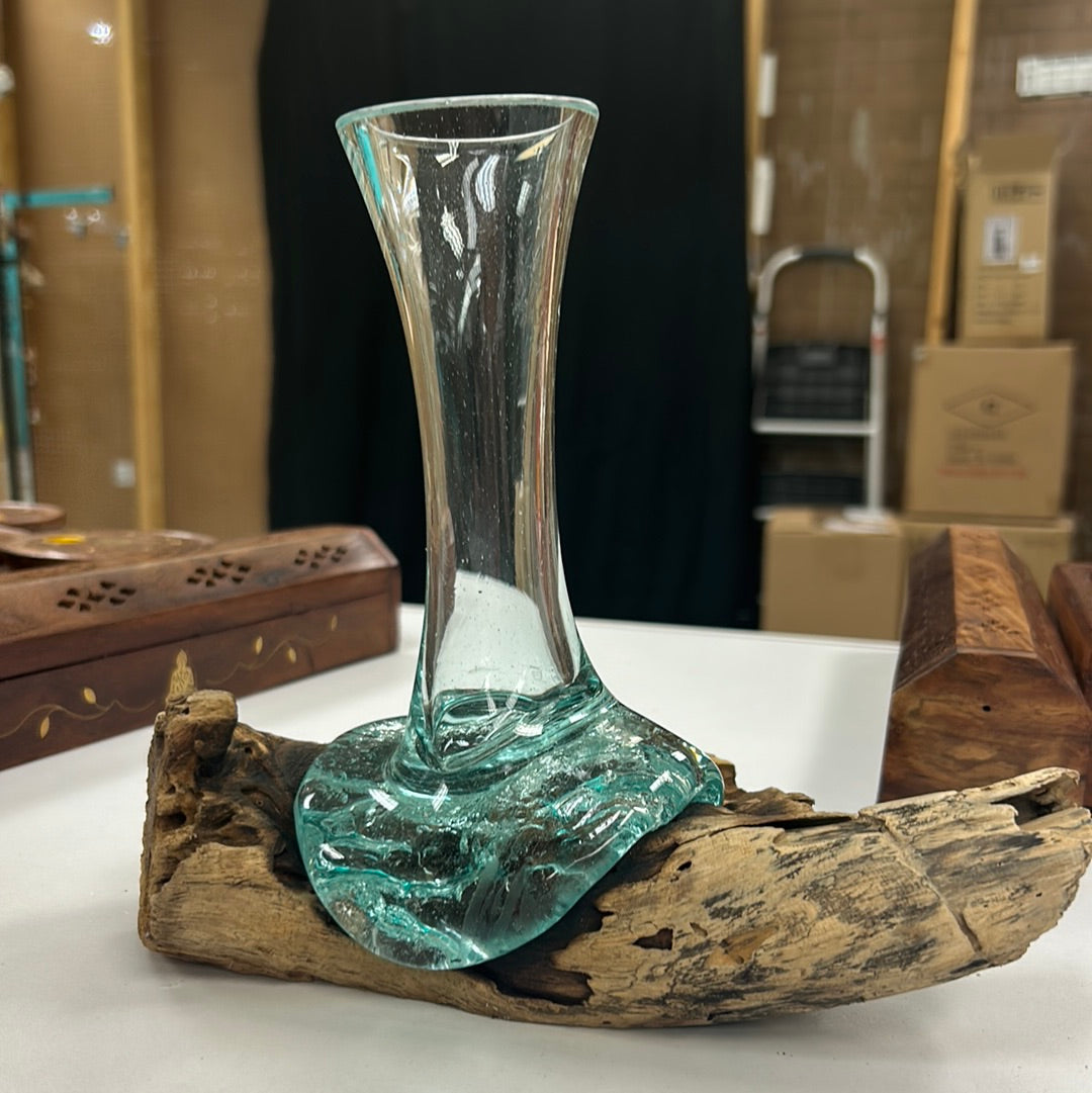 Single Molten Glass Vase in Natural Wood