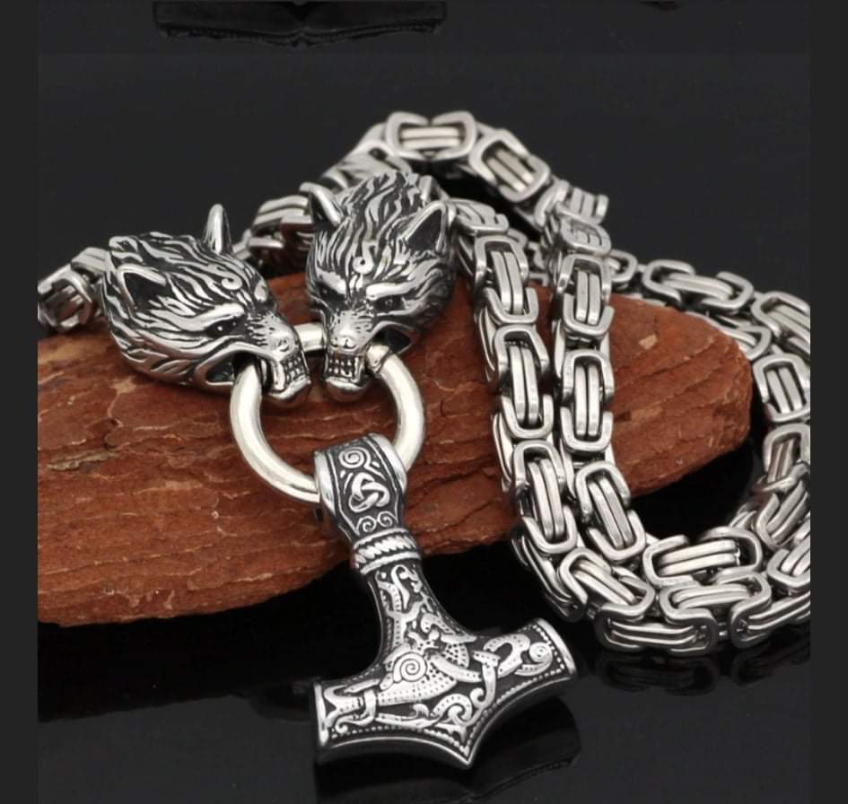 Nordic Viking Stainless Steel Wolf Head Mjolnir with  Necklace
